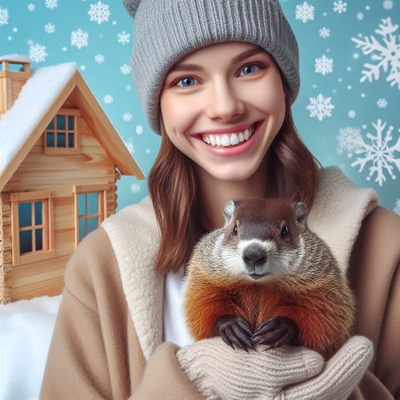 Winter, happiness, people concept - smiling woman in warm clothes with squirrel and wooden houseの素材