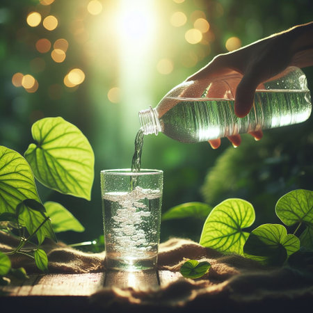 Pouring water from bottle into glass on wooden table with green leaves backgroundの素材