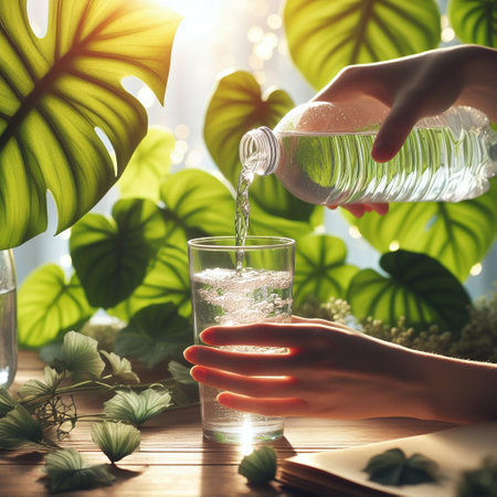 Pouring water from a bottle into a glass against the background of tropical leavesの素材