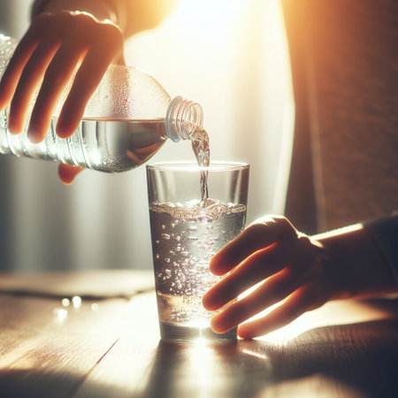 Woman pouring water from a bottle into a glass. Selective focus.の素材