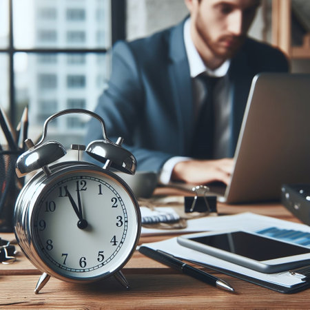 Businessman working with laptop in office. Time management and deadline conceptの素材