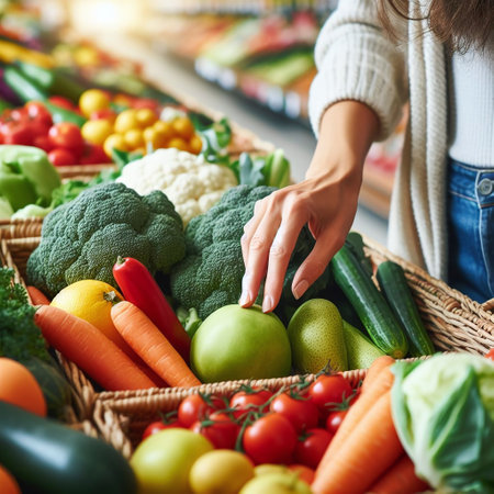 Cropped image of woman choosing fresh fruits and vegetables in grocery storeの素材