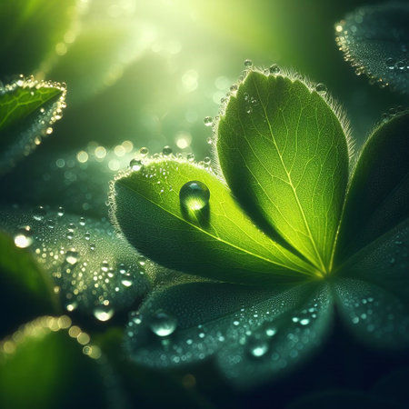 Green leaf with dew drops close up. Beautiful nature background.の素材