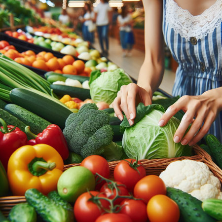Woman buying vegetables at the market. Close-up of female hands holding basket with fresh vegetables.の素材