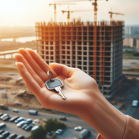Real estate agent hand with house key on the background of building under constructionの素材