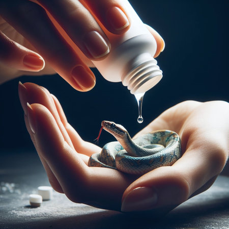 The hand of a young woman is holding a bottle of pills and a snake.の素材