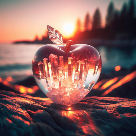 A heart-shaped crystal with an apple on a sunset background.の素材