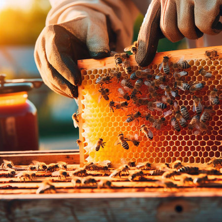 Beekeeper is holding a honeycomb full of bees. Beekeeping concept.の素材