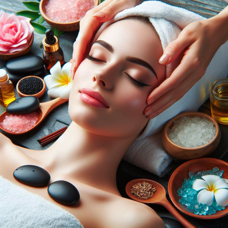 Beautiful young woman getting spa treatment in a beauty salon. Beauty treatment concept.の素材