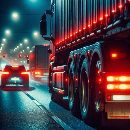 Truck on the road at night. Transportation and logistics concept.の素材