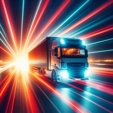 Truck with cargo on the road with motion blur light background.の素材