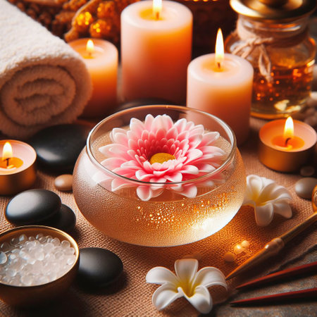 Spa still life with flower, candles and towel on gray backgroundの素材