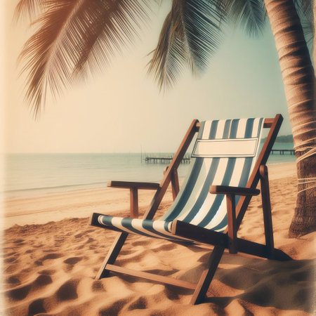 Wooden deck chair on the beach with palm tree - vintage filterの素材