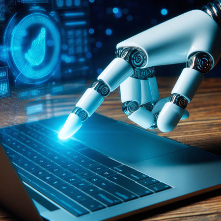 Robot hand with laptop on dark blue background. 3D renderingの素材