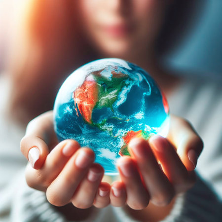 Close-up of woman hands holding earth globe. Global warming conceptの素材