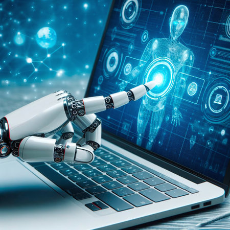 Robot hand working on laptop with digital hologram screen 3D renderingの素材