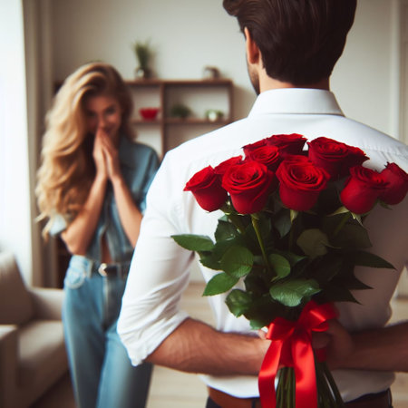 Young man giving a bouquet of red roses to his girlfriend at homeの素材