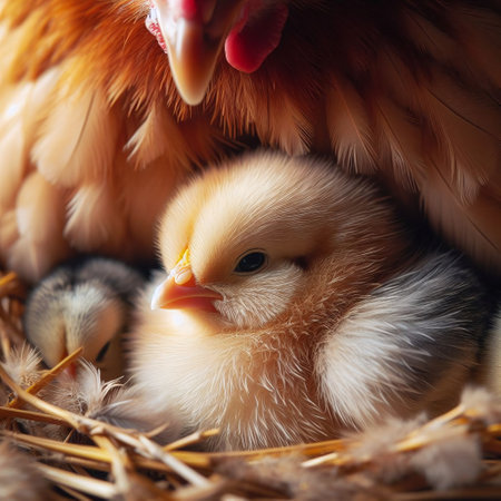 chick and chicken in the nest, close-up, selective focusの素材