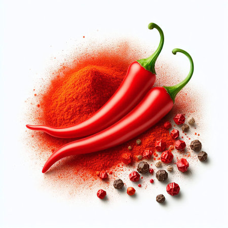 Red hot chili peppers with paprika powder isolated on white background.の素材