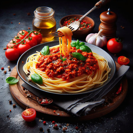 Spaghetti bolognese with tomato sauce and basil on black backgroundの素材