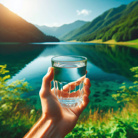 Glass of water in the hands of a man against the background of a mountain lake.の素材