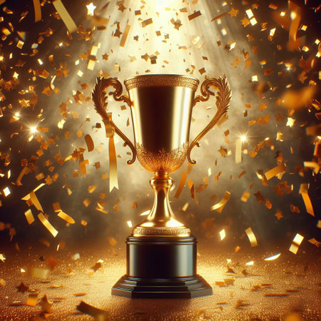 Golden trophy cup with confetti on golden background. 3D renderingの素材