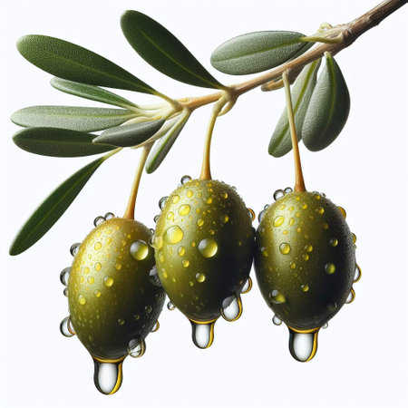 Olive branch with green olives and water drops isolated on white backgroundの素材
