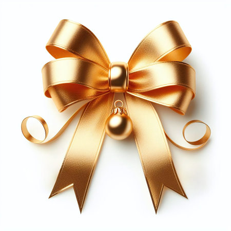 Golden bow with ribbon isolated on white background. 3d illustration.の素材