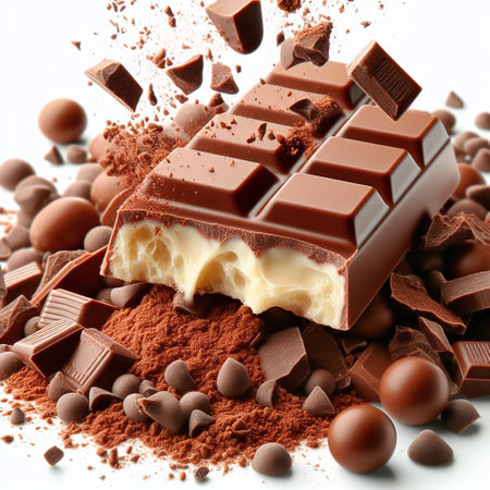 Pieces of chocolate and cocoa powder on white background, closeupの素材
