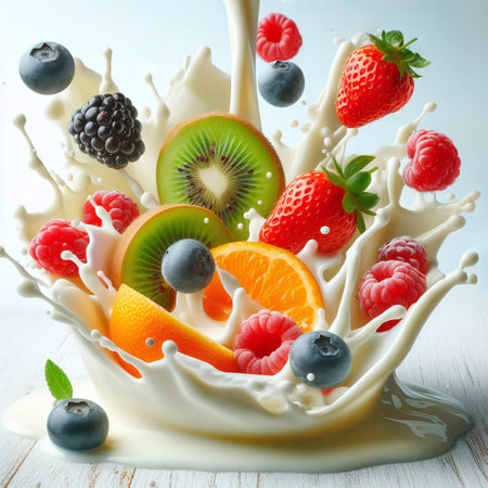 Fruit salad with milk splash on white wooden table, closeupの素材