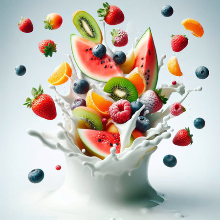 Splash of fresh fruits and berries in milk, isolated on white backgroundの素材
