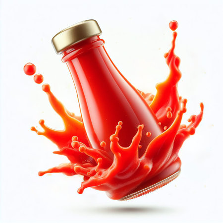 bottle of ketchup with splashes isolated on a white backgroundの素材