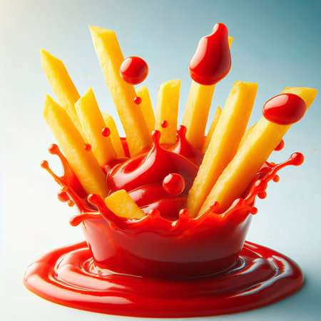 French fries with ketchup on a blue background. close-upの素材