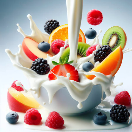 Milk Splash with Fresh Fruits and Berries on White Backgroundの素材
