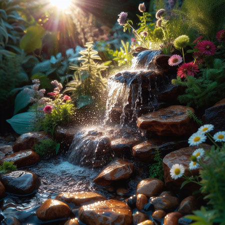 Waterfall in the garden with flowers and stones. Selective focus.の素材
