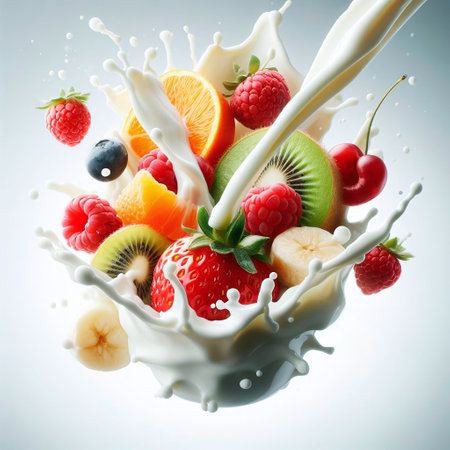 Milk splash with fruits and berries isolated on a white background.の素材