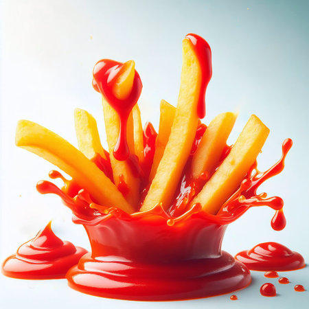 French fries with ketchup on a white background, closeupの素材