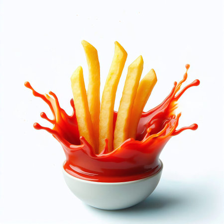 French fries with ketchup splash isolated on white background. 3d illustrationの素材