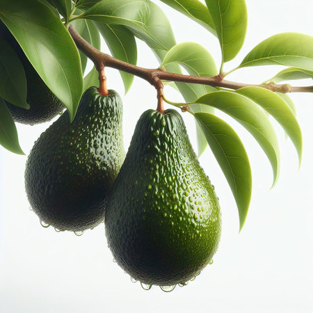 Ripe avocados on a branch with green leaves on a white backgroundの素材