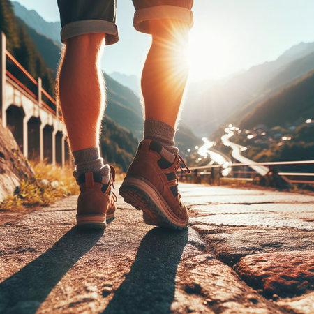 Runner feet running on trail in mountains. woman fitness jogging workout wellness concept.の素材