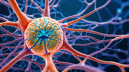 Human nerve cell with neurons, nervous system, 3D illustration.の素材
