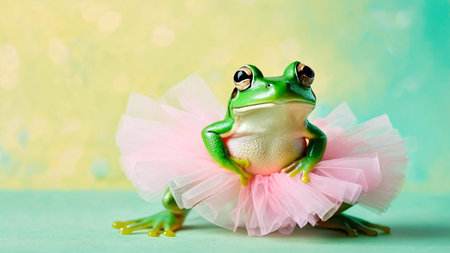 a green frog in a tutu on a yellow-green backgroundの素材