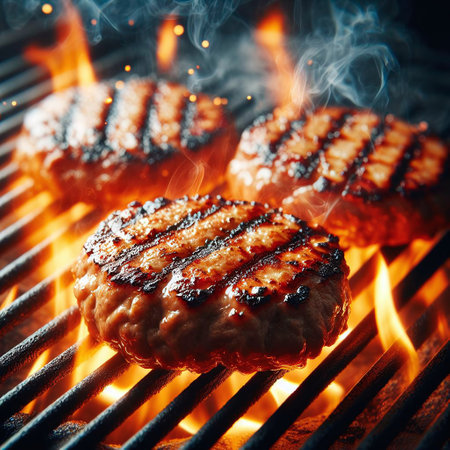 grilled hamburger on the flaming grill with flames, closeupの素材
