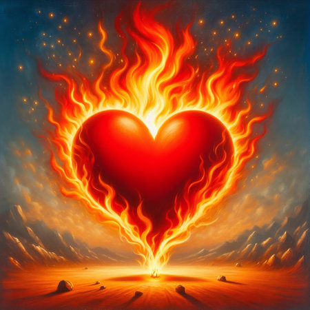 Red heart on the background of a burning fire in the night skyの素材