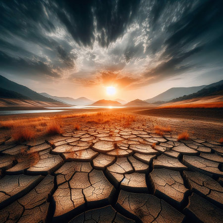Dry cracked earth at sunset. Global warming and climate change conceptの素材