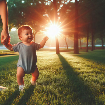 Mother and baby playing in the park at sunset time. Happy family concept.の素材