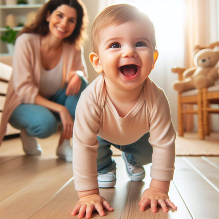 Portrait of a laughing baby girl sitting on the floor at homeの素材