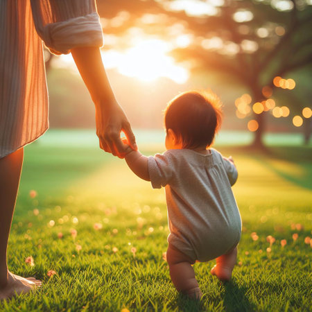 Mother and baby walking in the park at sunset time. Happy family concept.の素材