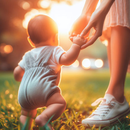 Mother holding her baby hand in the park. Happy family concept.の素材