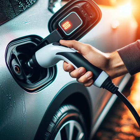 Close-up of man's hand charging electric car at charging stationの素材